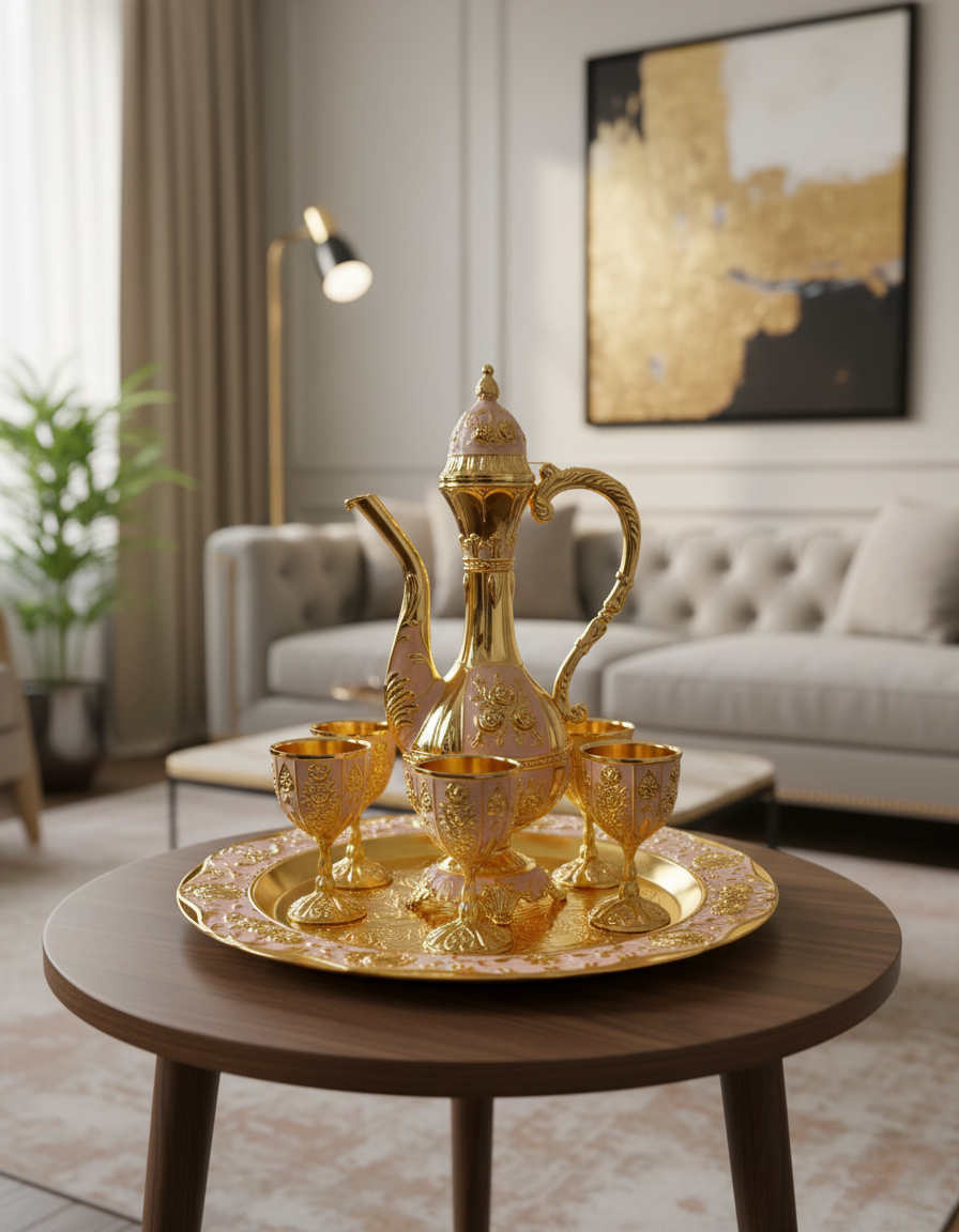 Decorative Round Tray with Cups | Copper Center