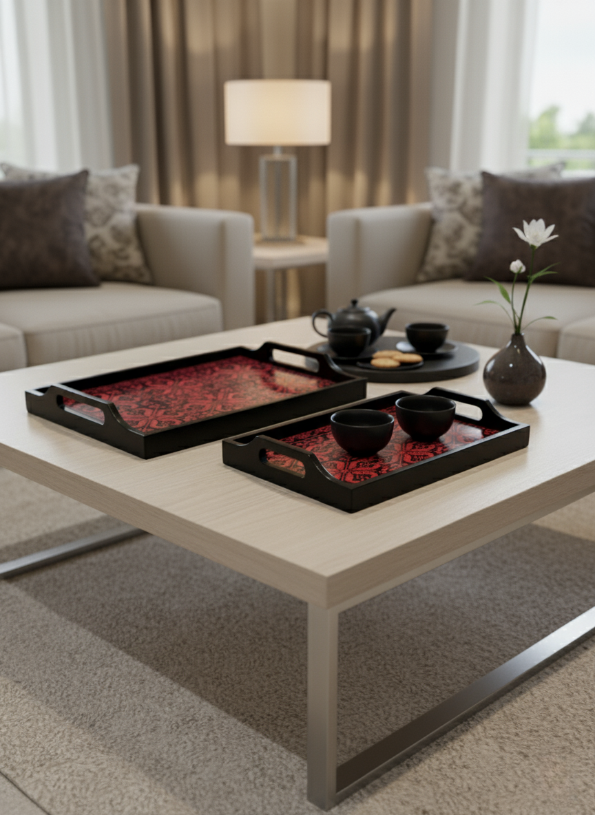 Embroidered Wooden Serving Trays with Glass Top – Handmade Gift for Ramadan & Special Occasions