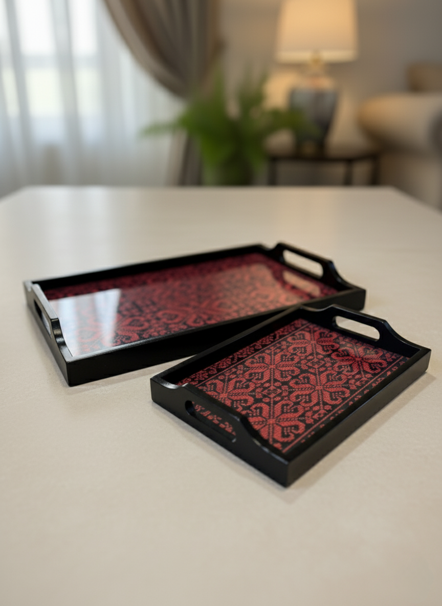 Embroidered Wooden Serving Trays with Glass Top – Handmade Gift for Ramadan & Special Occasions