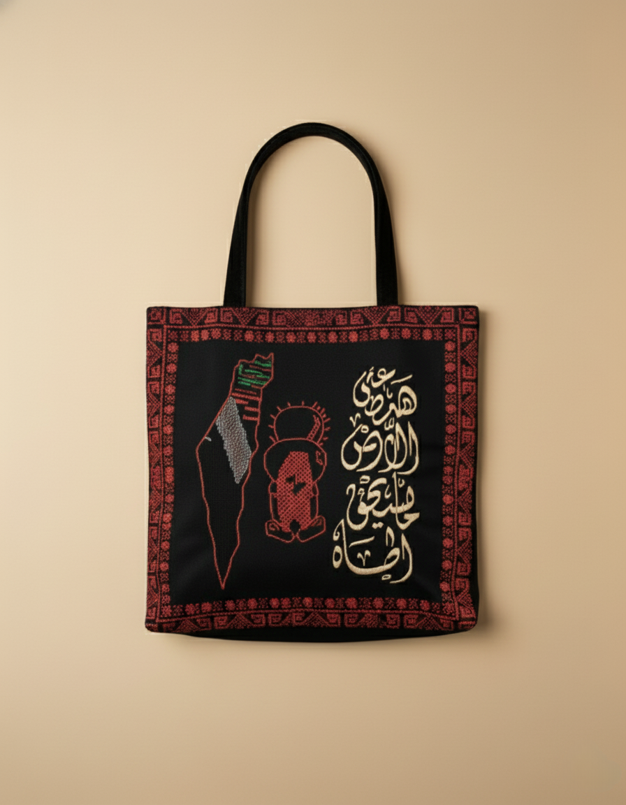 Embroidered Velvet Shoulder Bag - "On This Land, Life Is Worth Living" | Palestinian Heritage