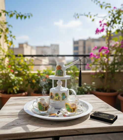 Arabic Coffee Set - Brass Dallah with Warmer & Glass Cups