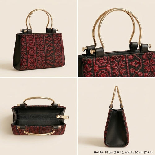 Classic Embroidered Fabric Handbag — Lightweight Casual Tote with Gold-Tone Handle