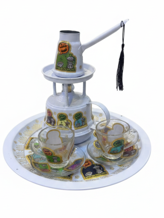 Arabic Coffee Set - Brass Dallah with Warmer & Glass Cups