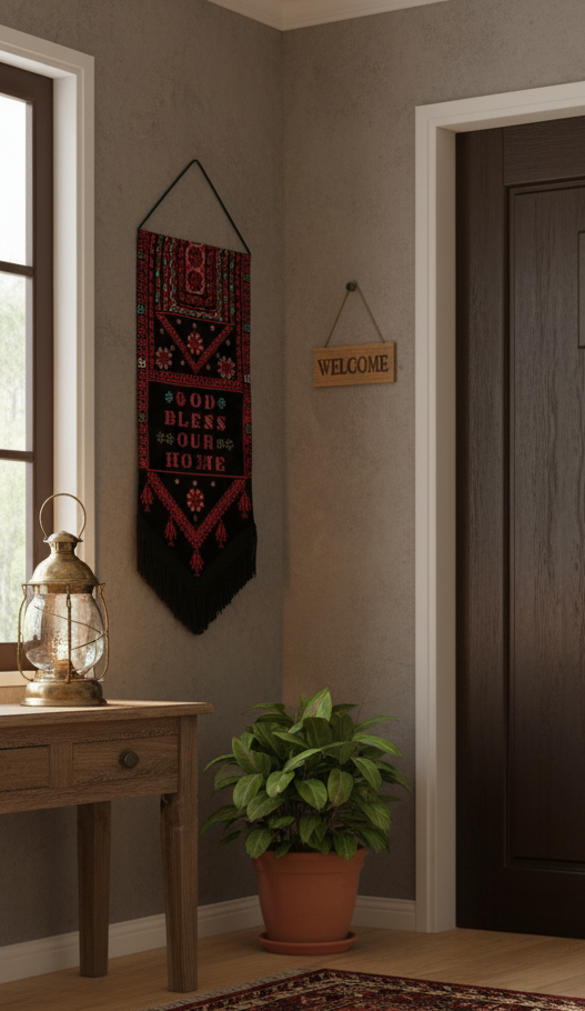 Modern Embroidered Fabric Wall Art | Black & Red