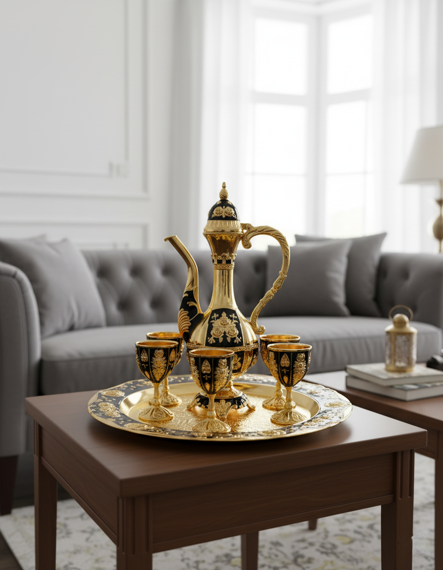 Decorative Copper Enamel Tray Set with Pitcher & Cups | Arabic-Inspired Décor