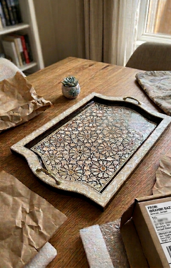 Egyptian Mosaic Inlaid Wooden Tray | Traditional Handmade Arabesque