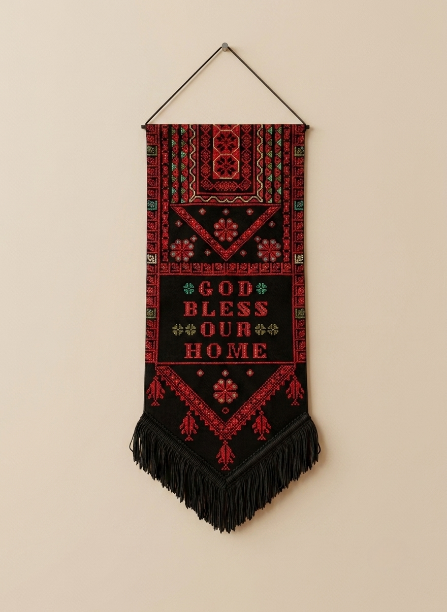 Modern Embroidered Fabric Wall Art | Black & Red — Handmade Home Décor