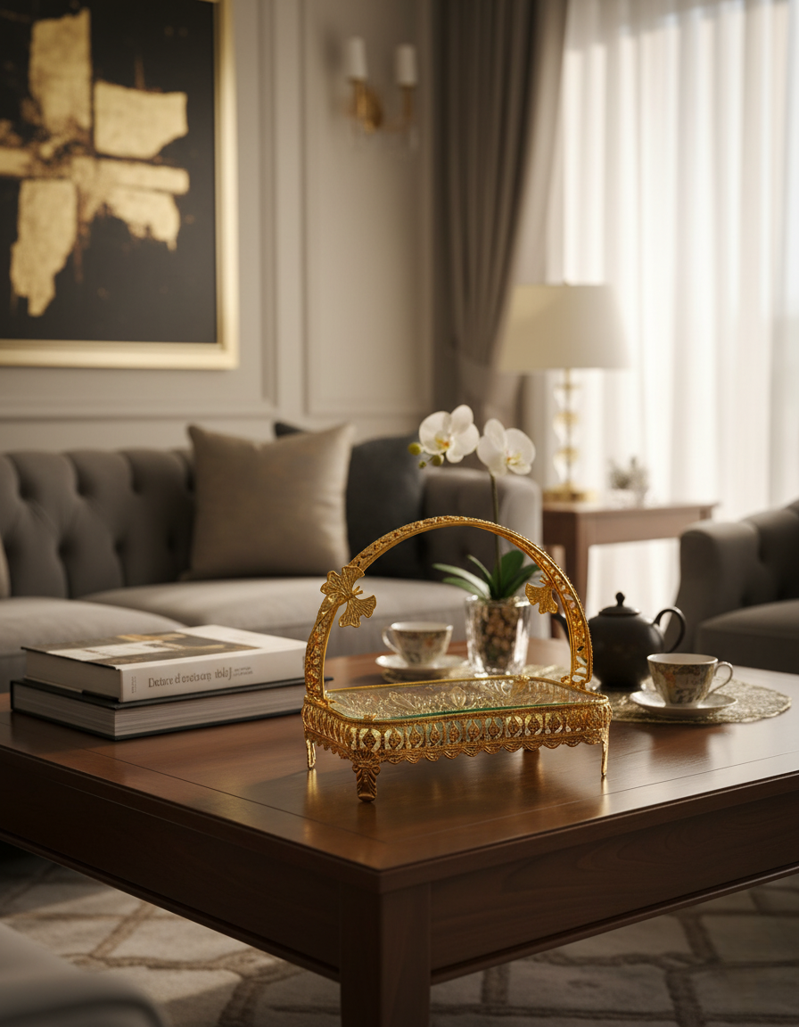 صينية حلويات نحاسية أنيقة مع طبق زجاجي ومقبض