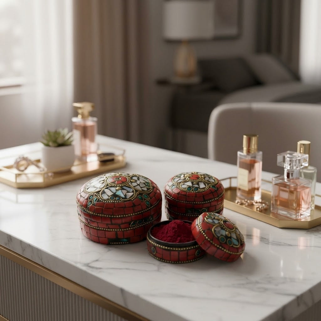 Handcrafted Antique Mosaic Metal Round Boxes — Set of 3 Ultra-Lightweight Storage Cases
