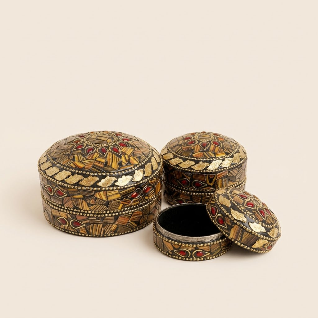 Handcrafted Antique Mosaic Metal Round Boxes — Set of 3 Ultra-Lightweight Storage Cases