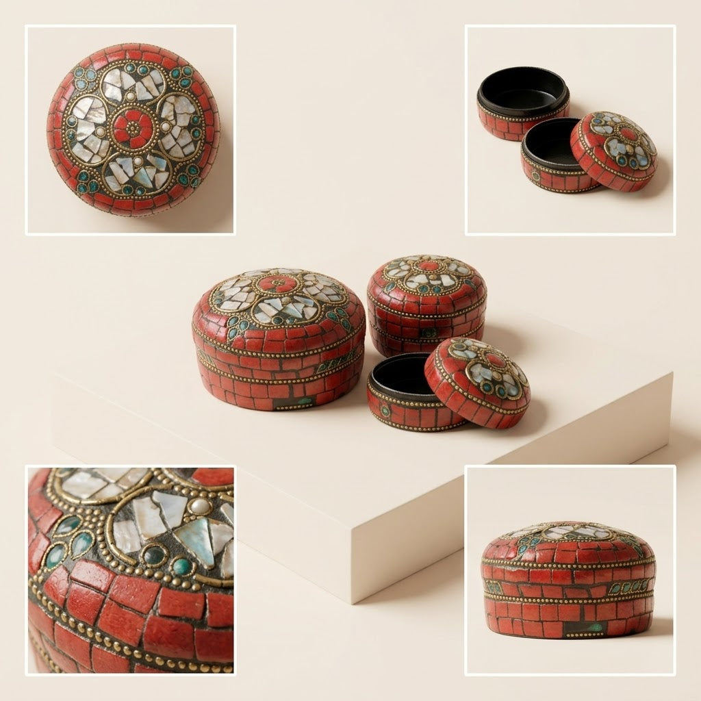 Handcrafted Antique Mosaic Metal Round Boxes — Set of 3 Ultra-Lightweight Storage Cases