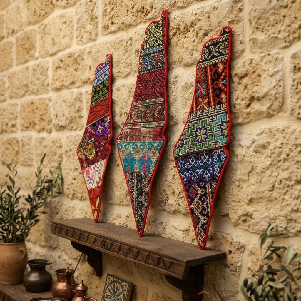 Arte mural con el mapa bordado de Palestina