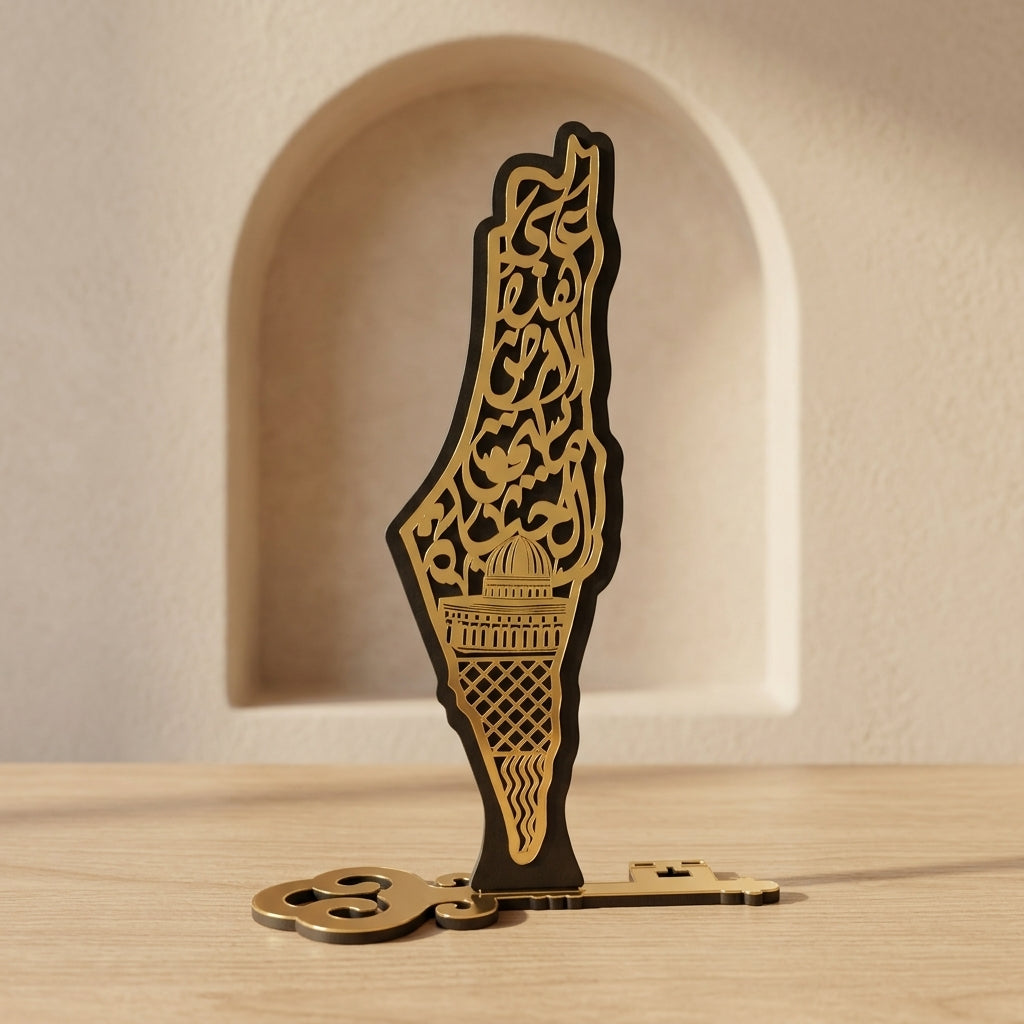 Handcrafted Eastern Geographic Map Wooden Tabletop Decor — Laser-Cut Golden Acrylic Key Base