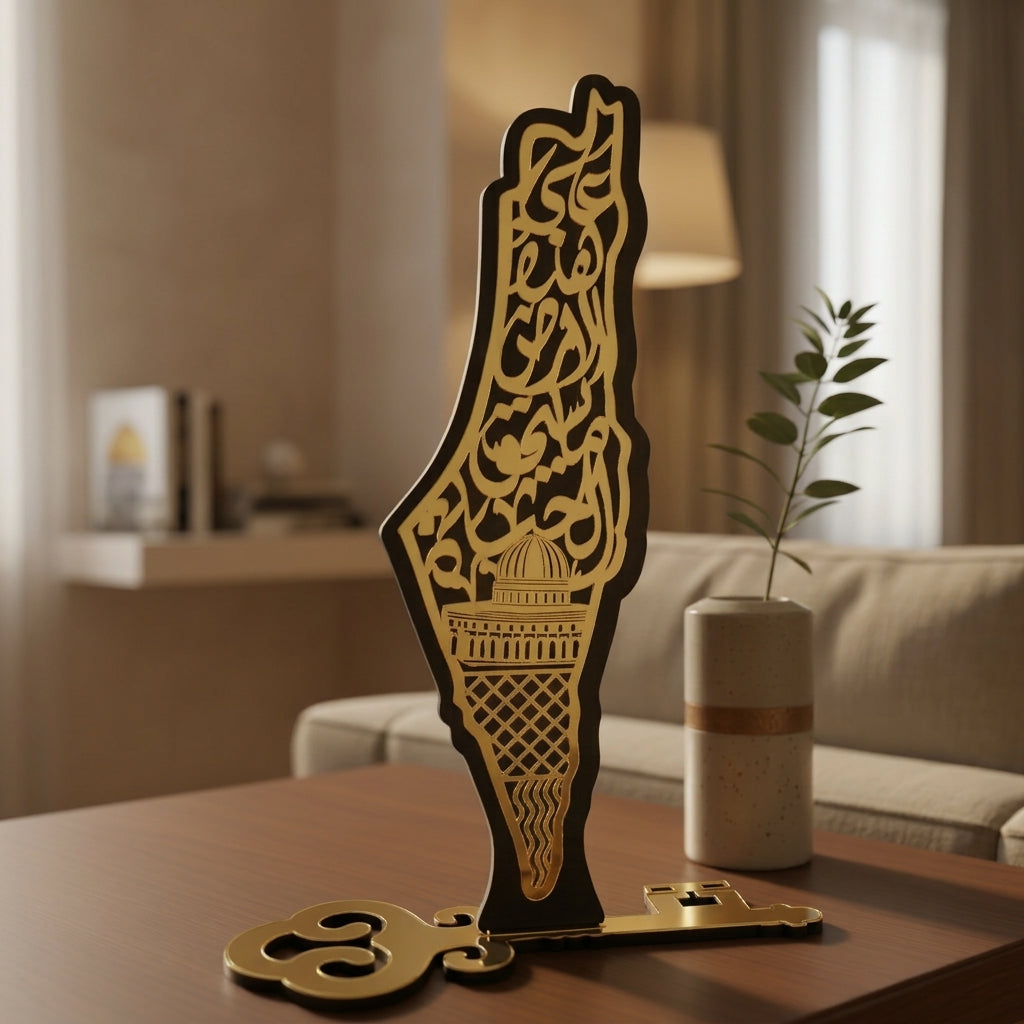Handcrafted Eastern Geographic Map Wooden Tabletop Decor — Laser-Cut Golden Acrylic Key Base