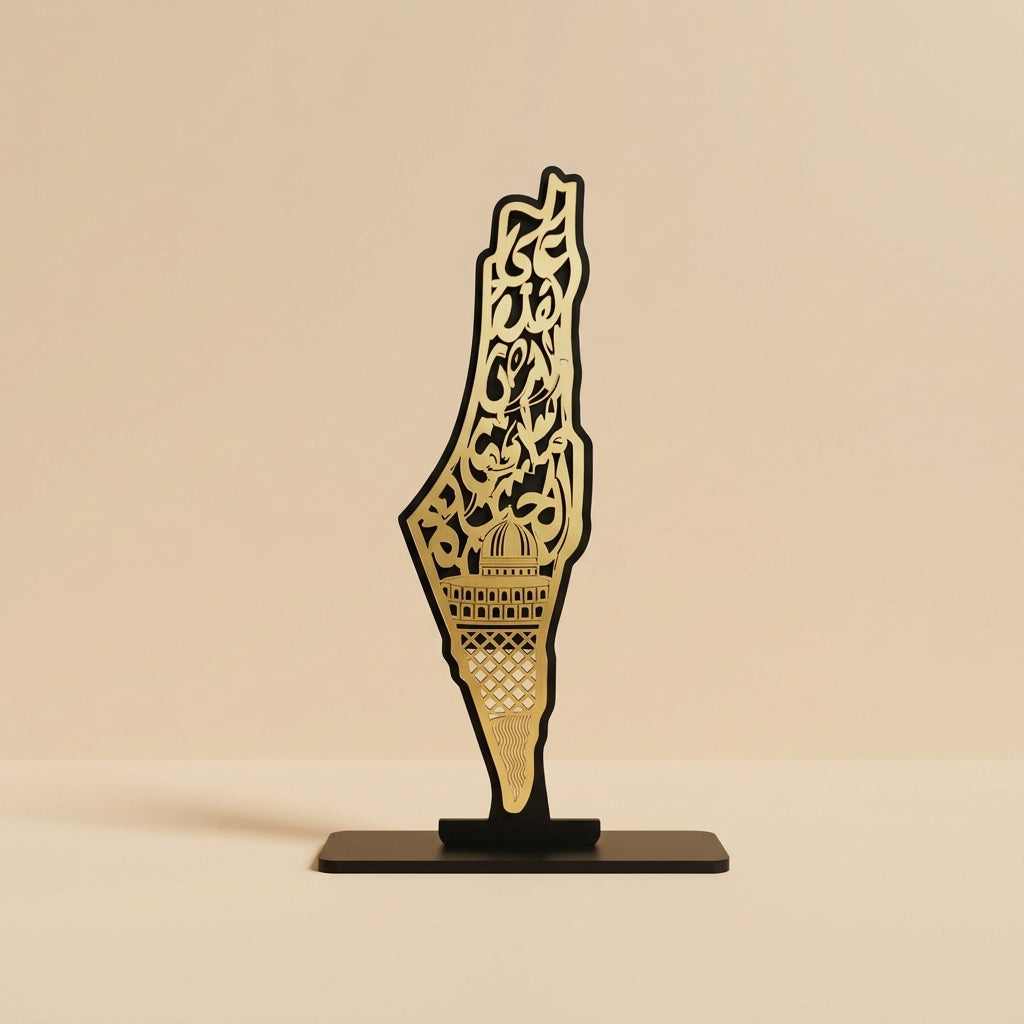 Handcrafted Eastern Geographic Map Wooden Tabletop Decor — Laser-Cut Golden Acrylic Key Base