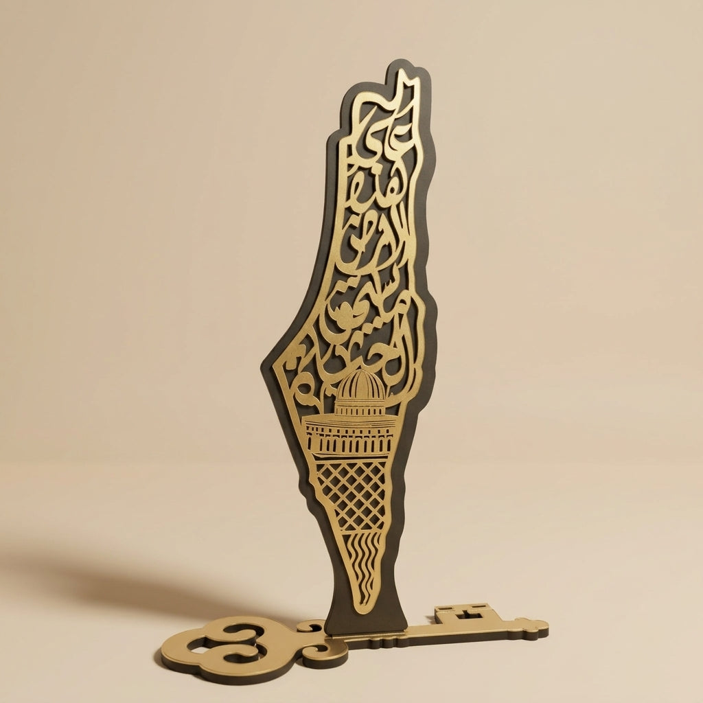 Handcrafted Eastern Geographic Map Wooden Tabletop Decor — Laser-Cut Golden Acrylic Key Base