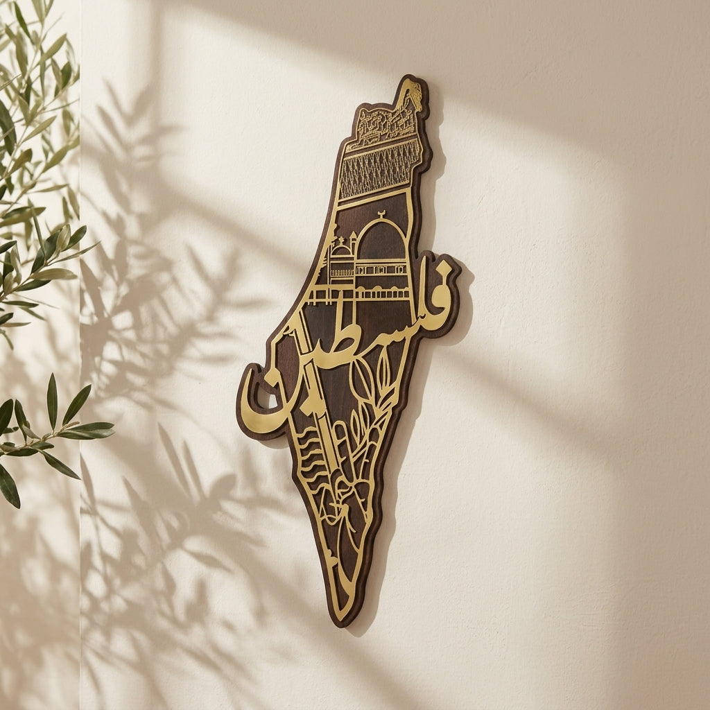 Handcrafted Eastern Geographic Map Wooden Wall Art — Laser-Cut Golden Acrylic Heritage Accent