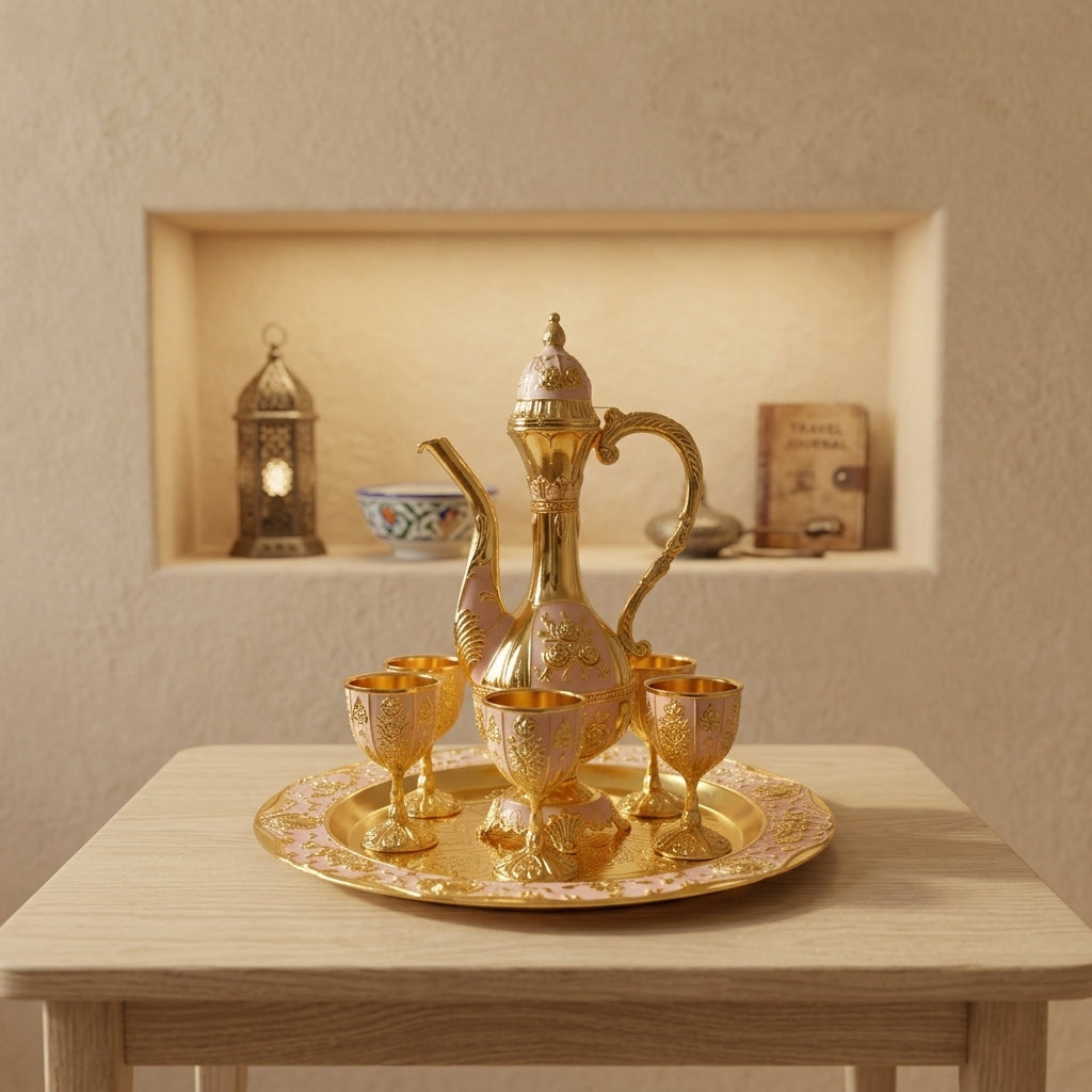 Handcrafted Eastern Style Copper Enamel Display Set — Ornate Pitcher, 6 Cups & Tray Collection