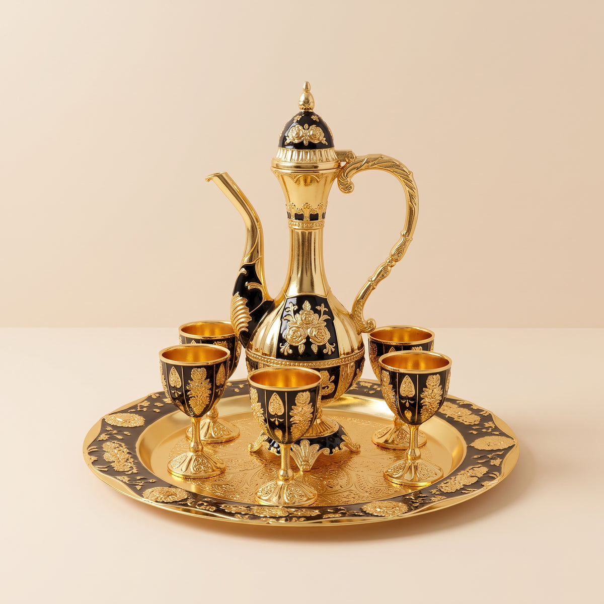 Handcrafted Eastern Style Copper Enamel Display Set — Ornate Pitcher, 6 Cups & Tray Collection