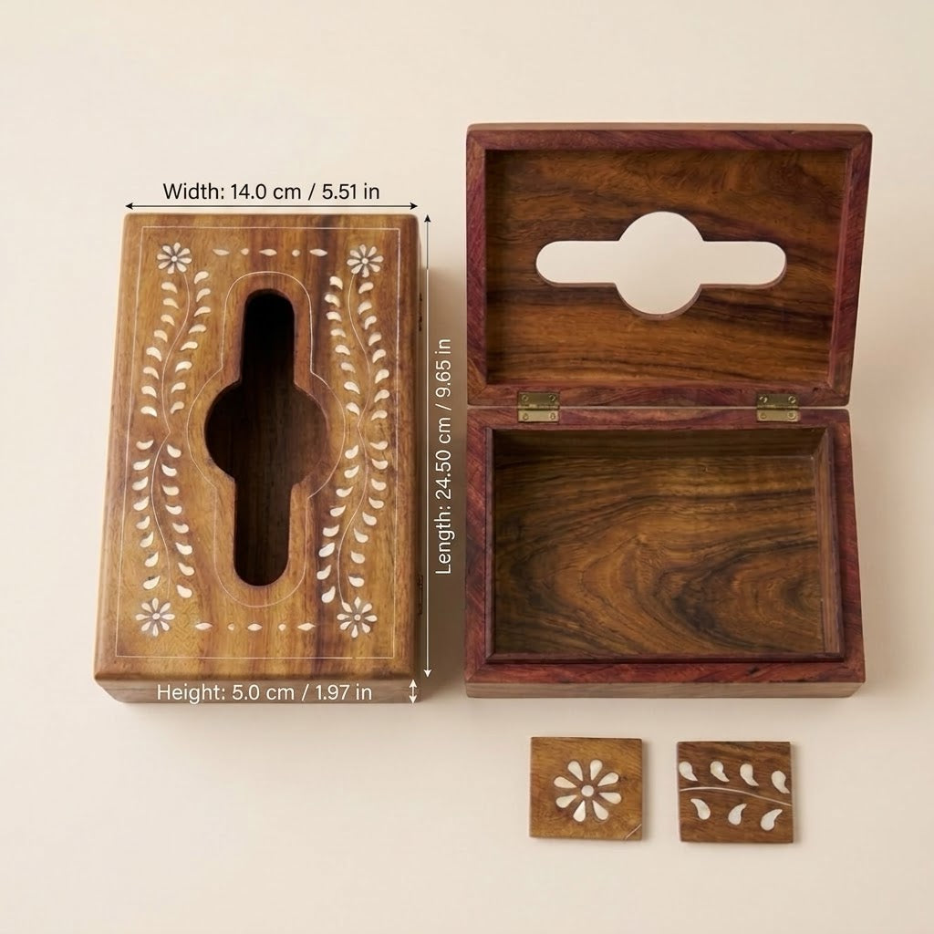Handcrafted Indian Sheesham Wood Tissue Box — Floral Heritage Decor