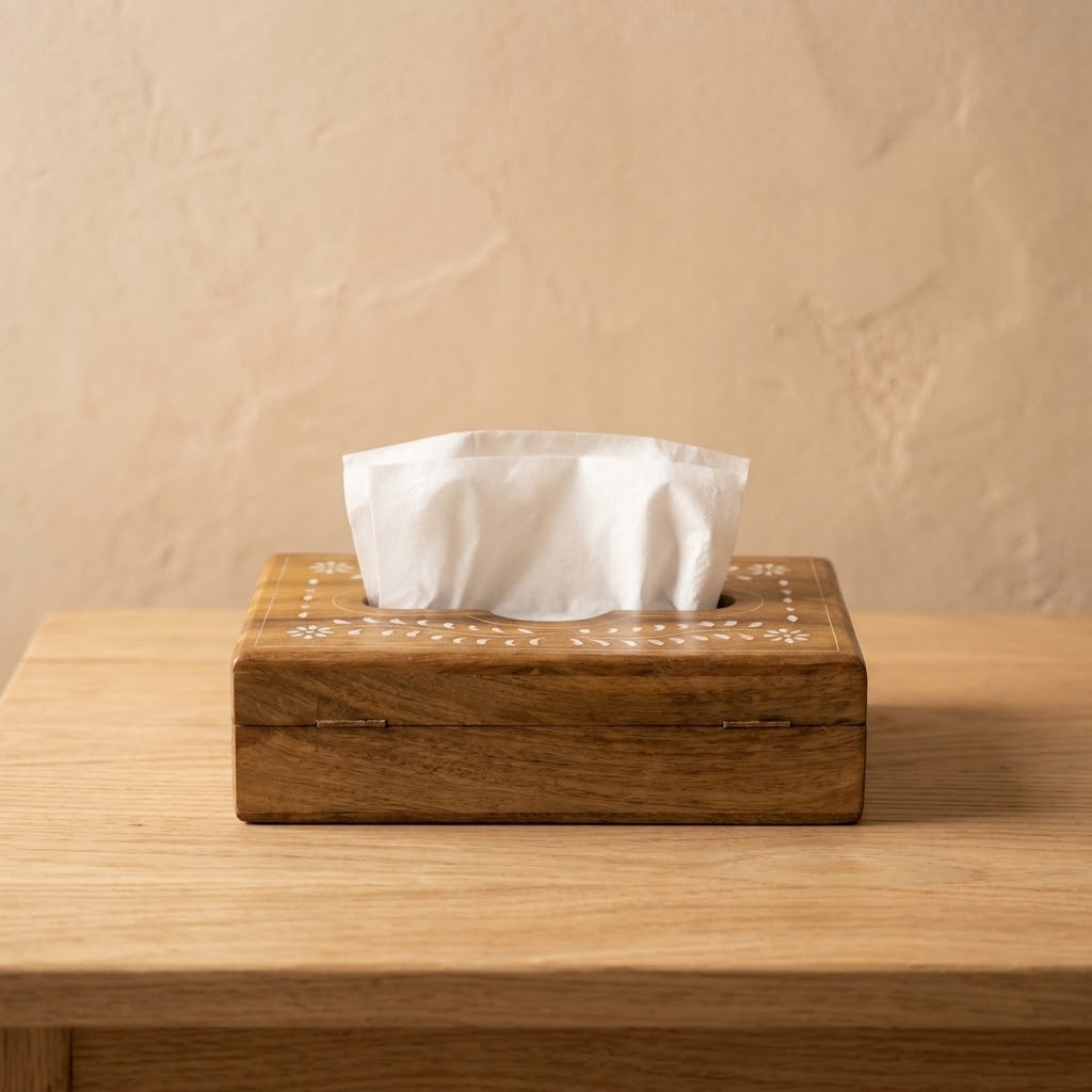 Handcrafted Indian Sheesham Wood Tissue Box — Floral Heritage Decor