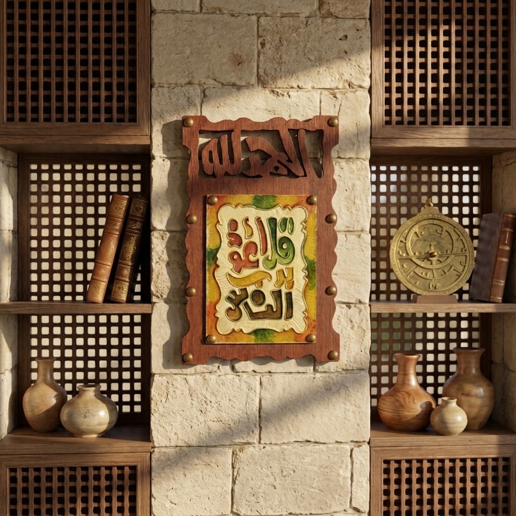 Handcrafted Mixed-Media Wood & Glass Wall Art — Gallery-Grade Copper-Toned Calligraphy Sculpture