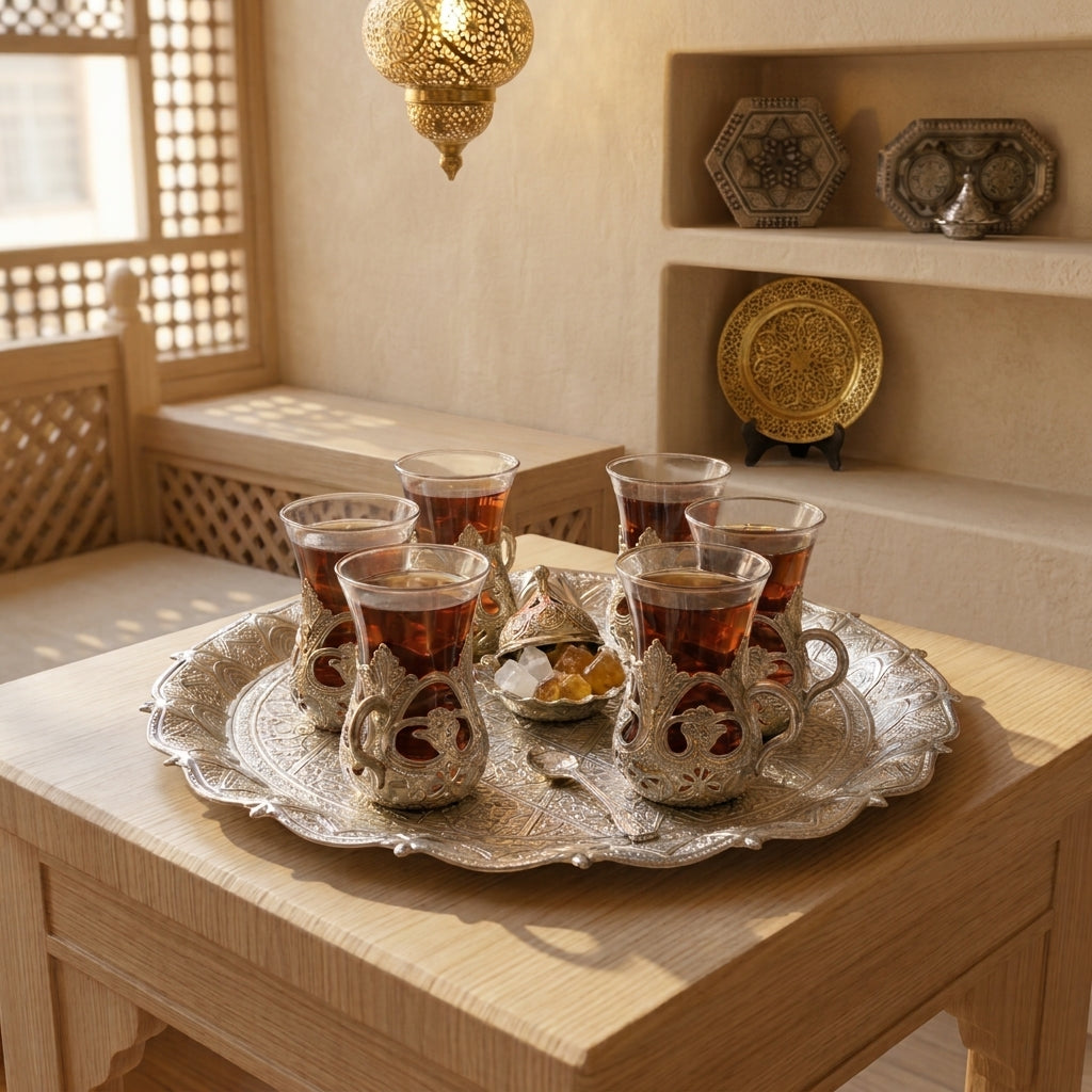 Handcrafted Turkish & Moroccan Style Tea Set — Ornate Silver Tray & 6 Glass Cups with Sugar Bowl