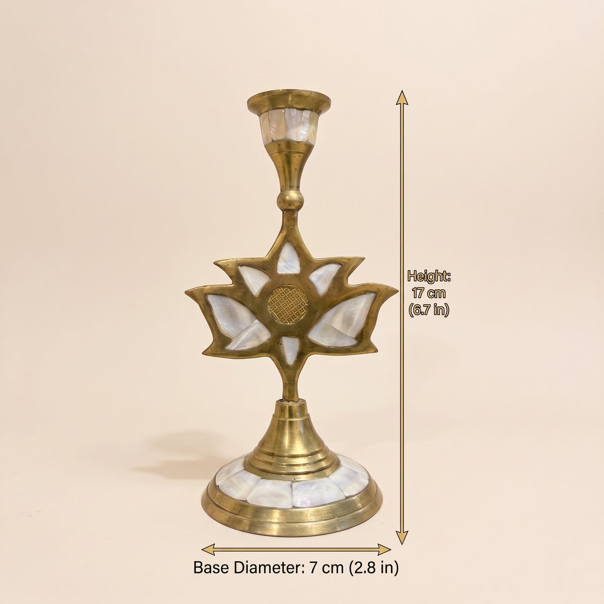 Handcrafted Antique Brass Candleholder with Mother-of-Pearl Shell Inlay & Leaf Motif