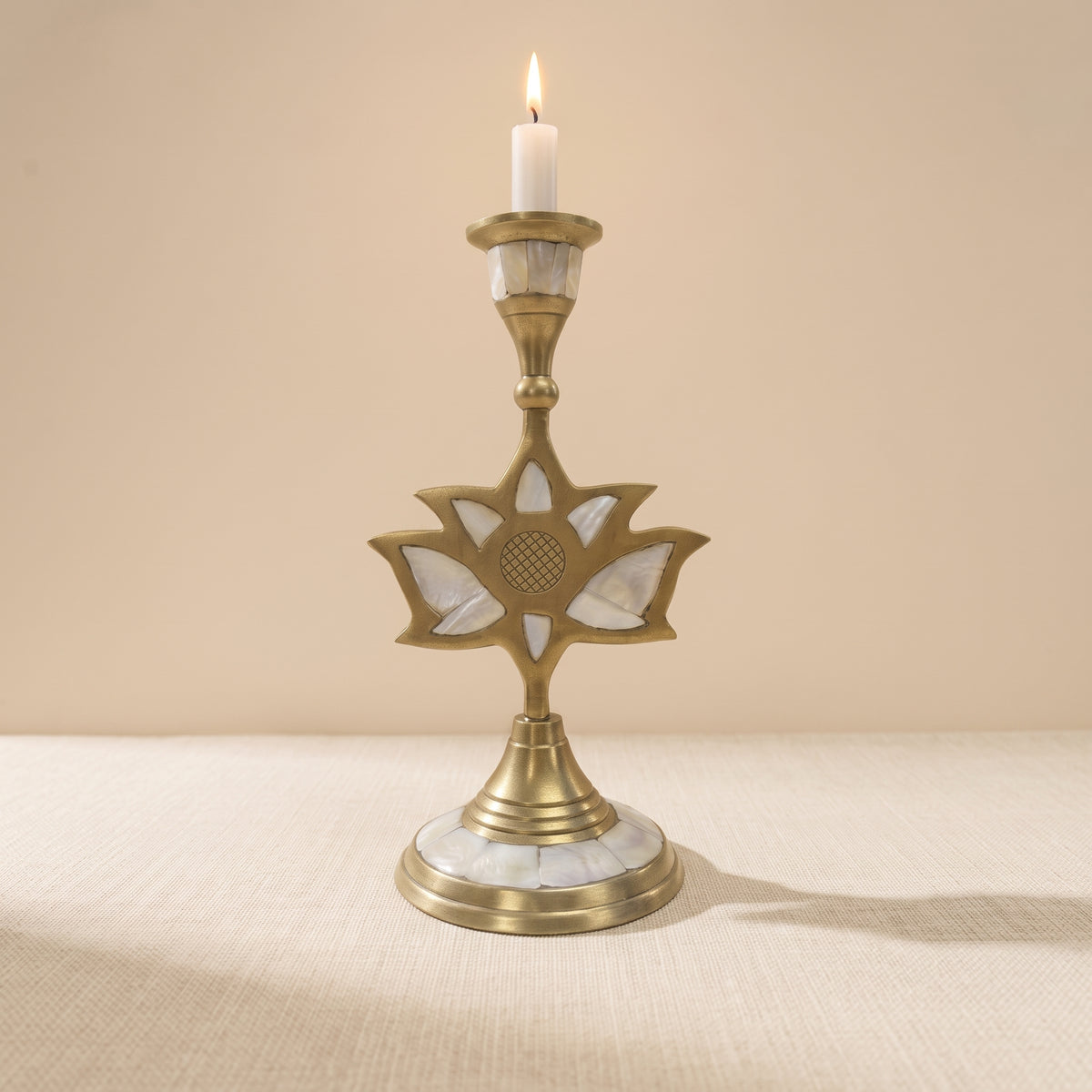 Handcrafted Antique Brass Candleholder with Mother-of-Pearl Shell Inlay & Leaf Motif