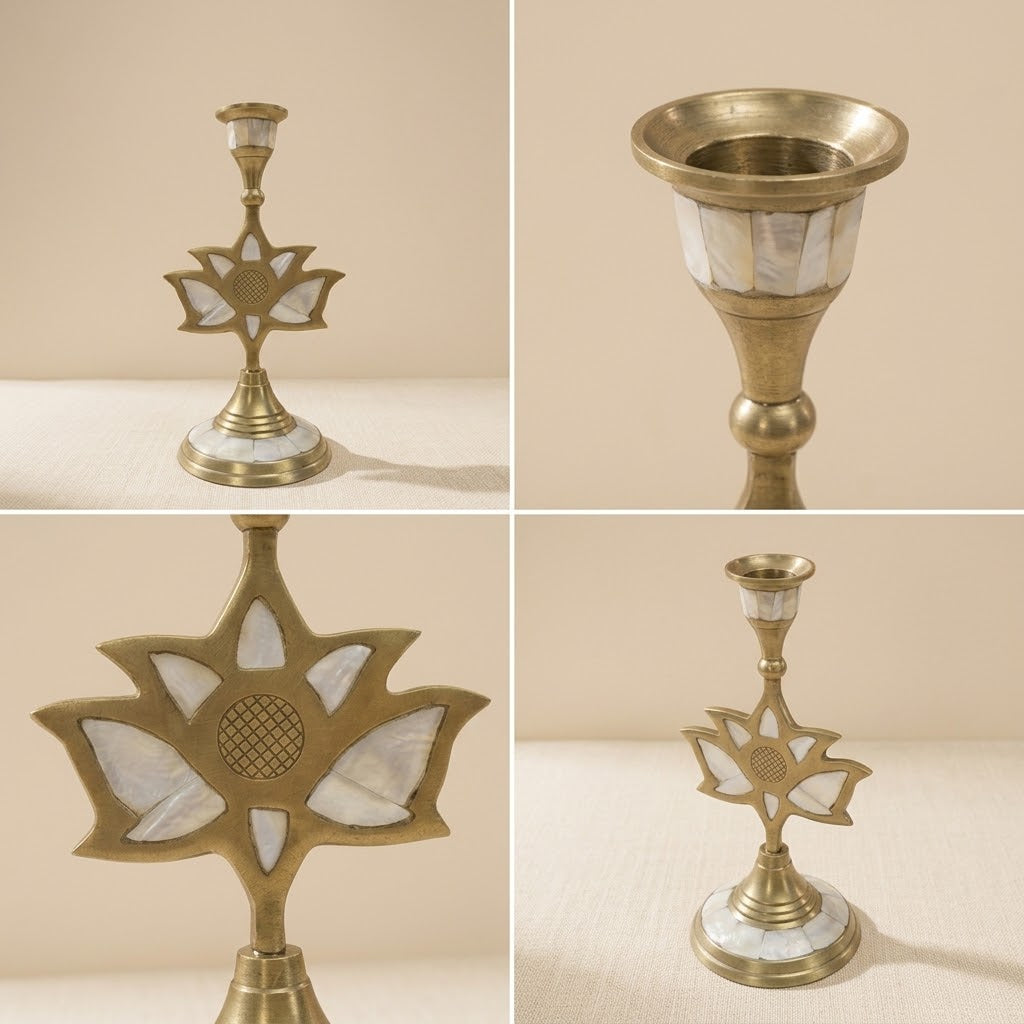 Handcrafted Antique Brass Candleholder with Mother-of-Pearl Shell Inlay & Leaf Motif