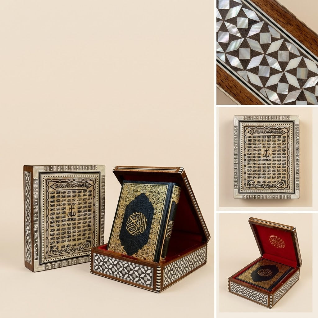 Handcrafted Egyptian Mosaic Shell Wooden Box Set — Luxury Geometric Case & Traditional Script Volume