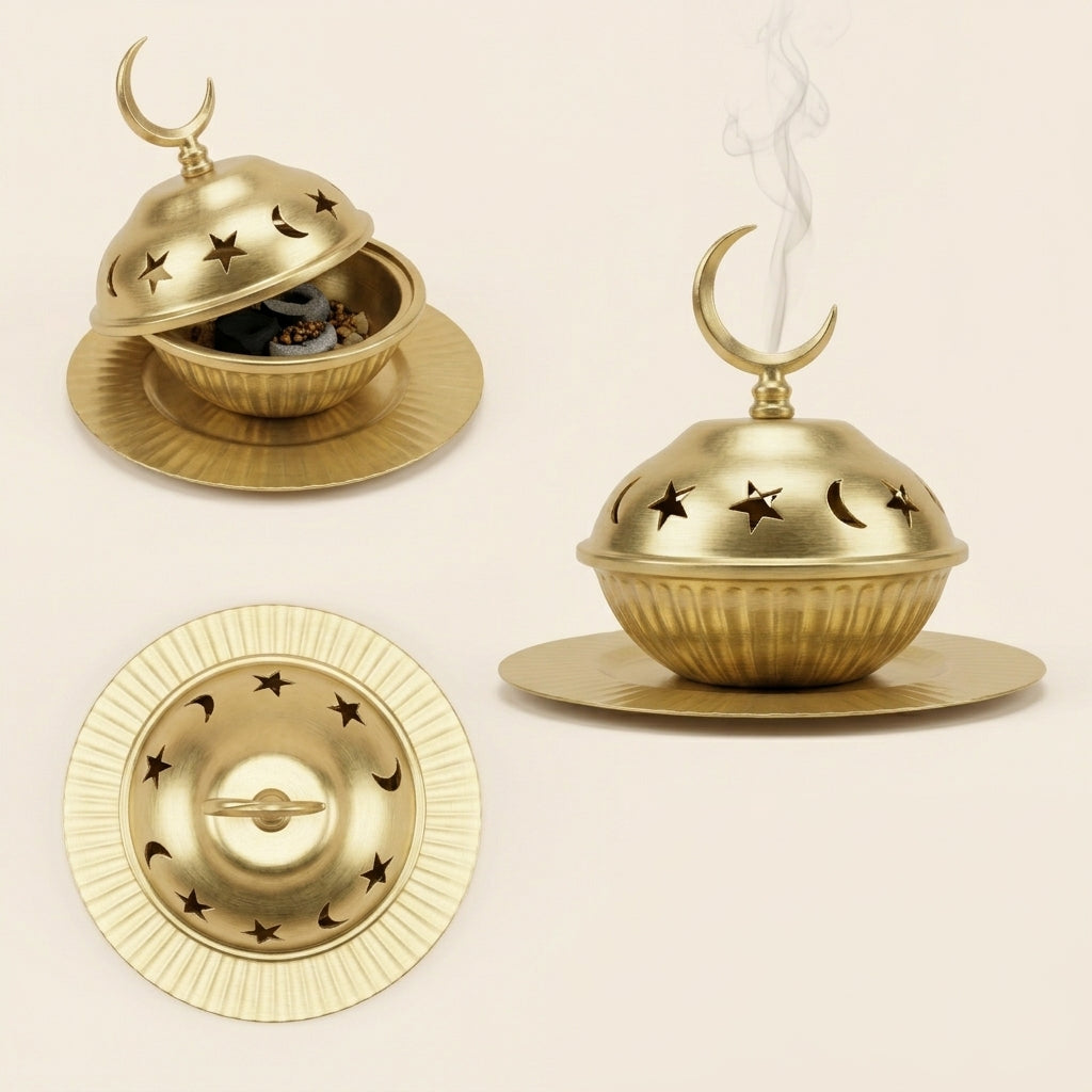 Handcrafted Mini Round Gold-Tone Brass Censer — Lightweight Heritage Aroma Burner