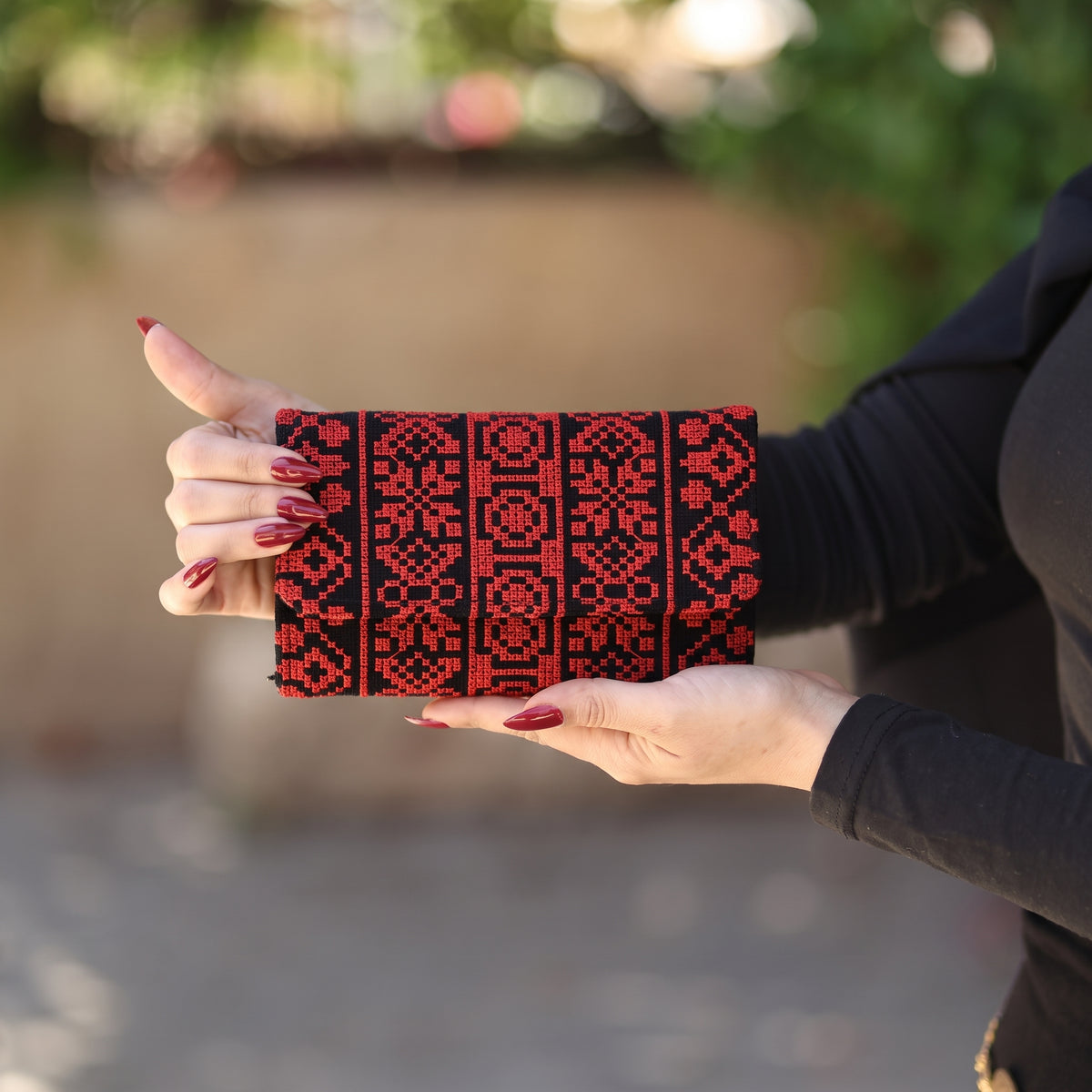 Handmade Embroidered Fold Wallet — Red & Black Heritage Clutch