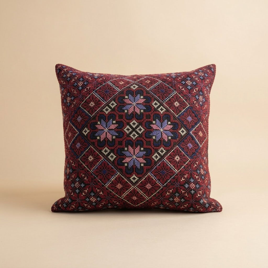 Handmade Embroidered Square Pillow Cover — 15.75x15.75 Lightweight Boho-Chic Cushion Case
