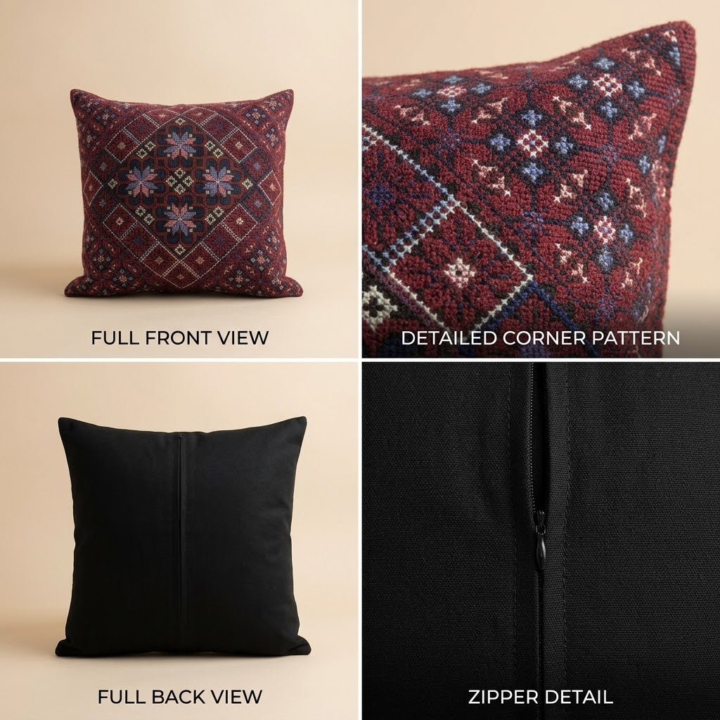 Handmade Embroidered Square Pillow Cover — 15.75x15.75 Lightweight Boho-Chic Cushion Case