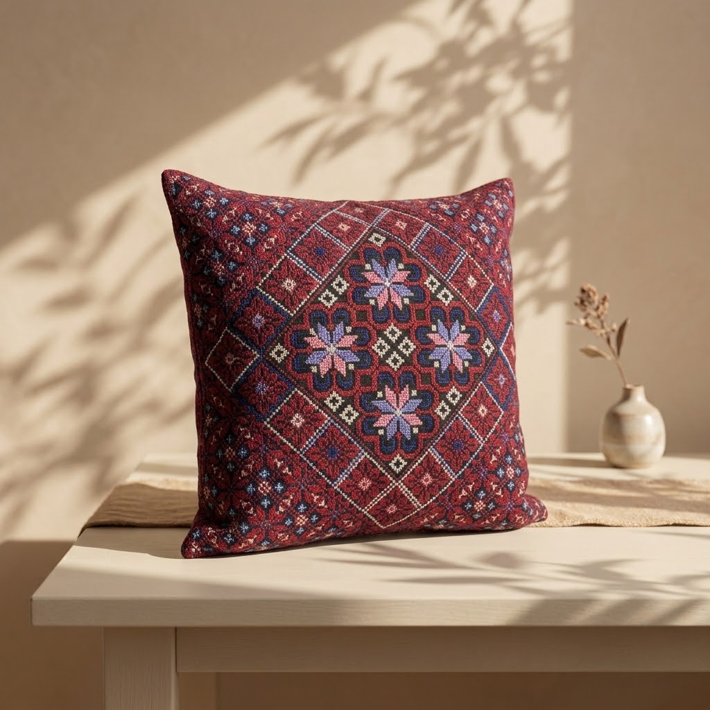 Handmade Embroidered Square Pillow Cover — 15.75x15.75 Lightweight Boho-Chic Cushion Case