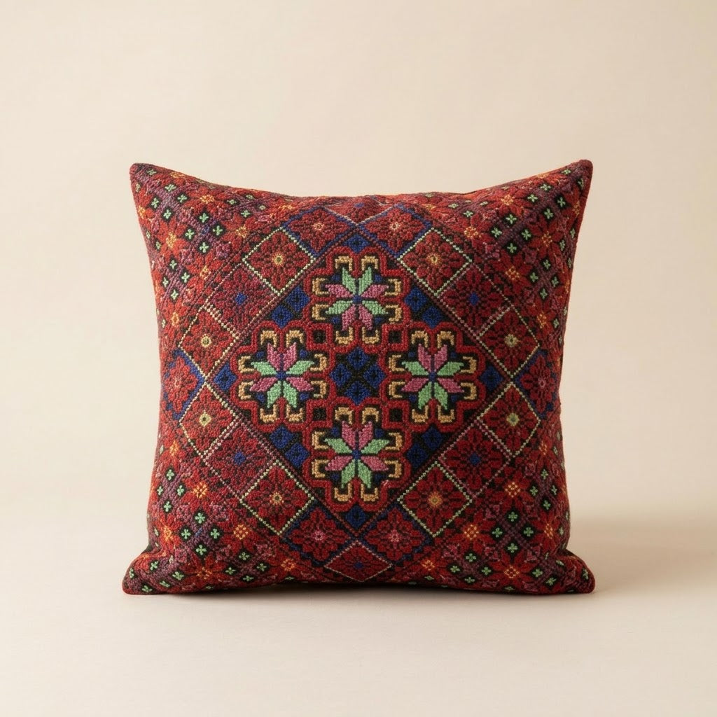 Handmade Embroidered Square Pillow Cover — 15.75x15.75 Lightweight Boho-Chic Cushion Case