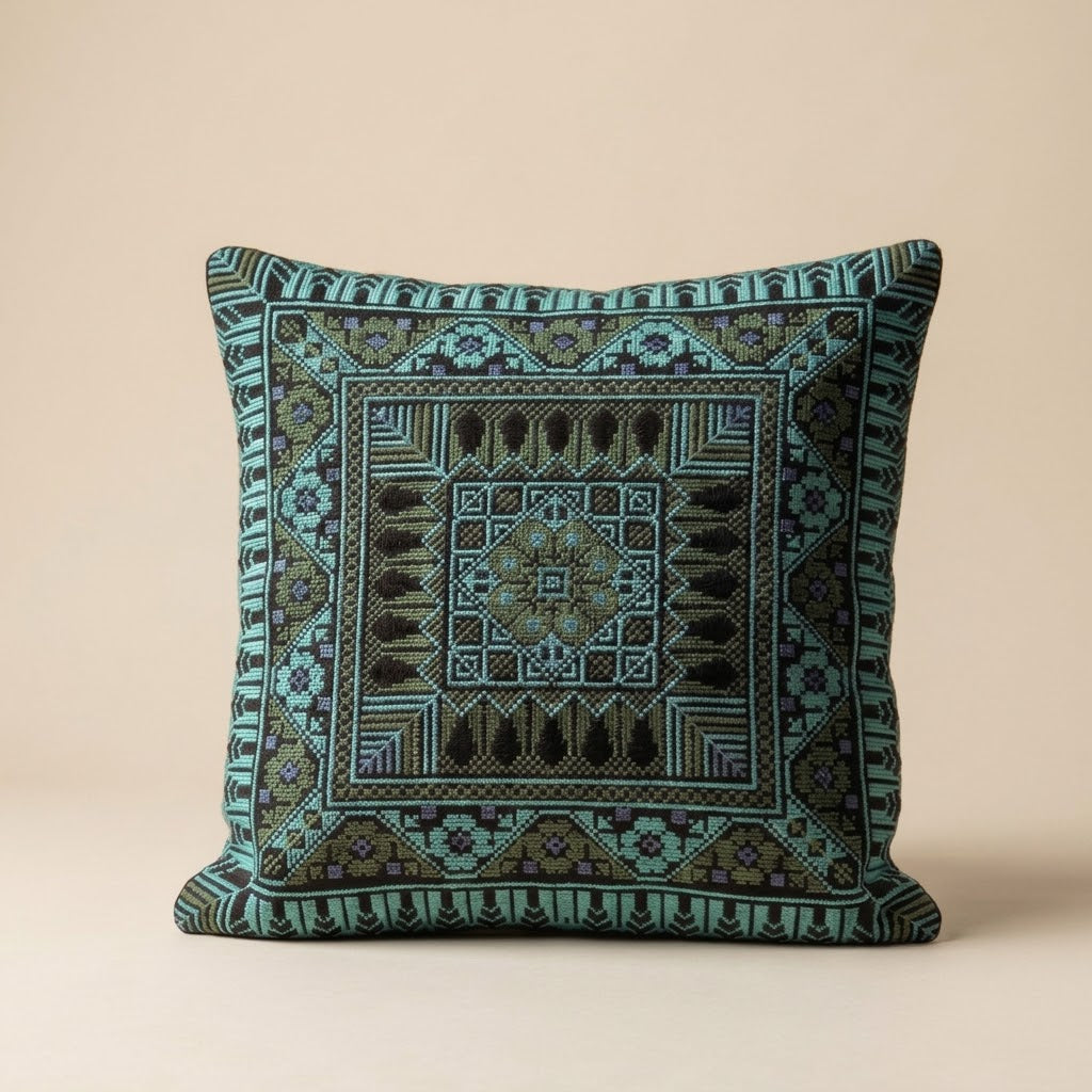 Handmade Embroidered Square Pillow Cover — Luxury Boho-Chic Heritage Accent Cushion Case