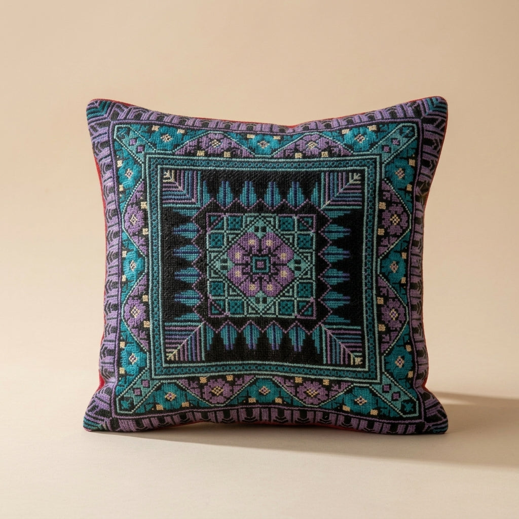 Handmade Embroidered Square Pillow Cover — Luxury Boho-Chic Heritage Accent Cushion Case