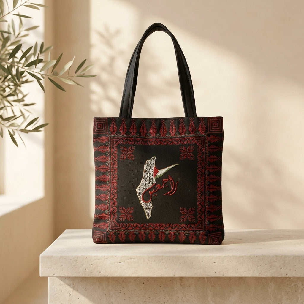 Handmade Embroidered Velvet Shoulder Bag — Traditional Calligraphy & Heritage Map Tote