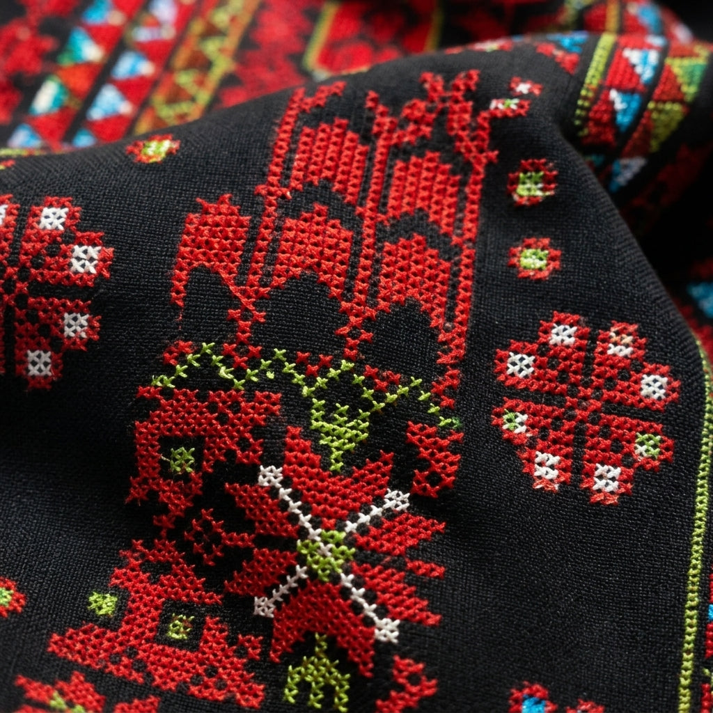 Handmade Modern Embroidered Fabric Wall Hanging — Luxury Black & Red Boho-Chic Heritage Textile Art