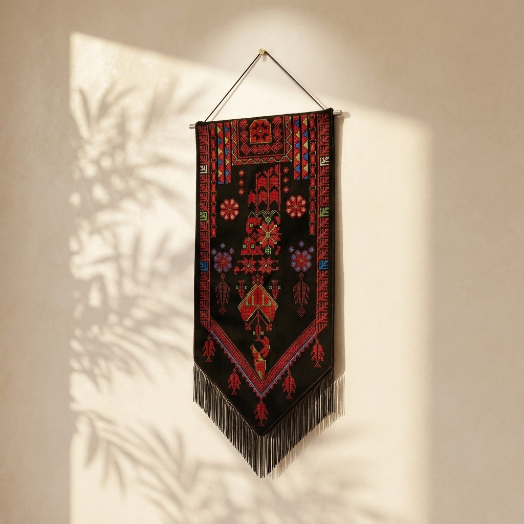 Handmade Modern Embroidered Fabric Wall Hanging — Luxury Black & Red Boho-Chic Heritage Textile Art