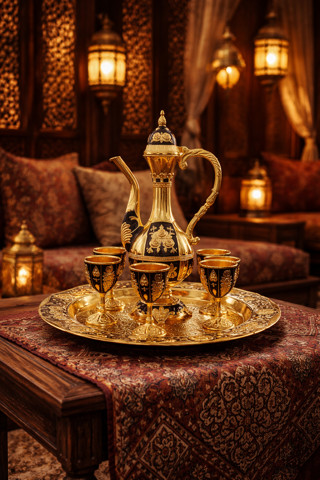 Decorative Copper Enamel Tray Set with Pitcher & Cups | Arabic-Inspired Décor