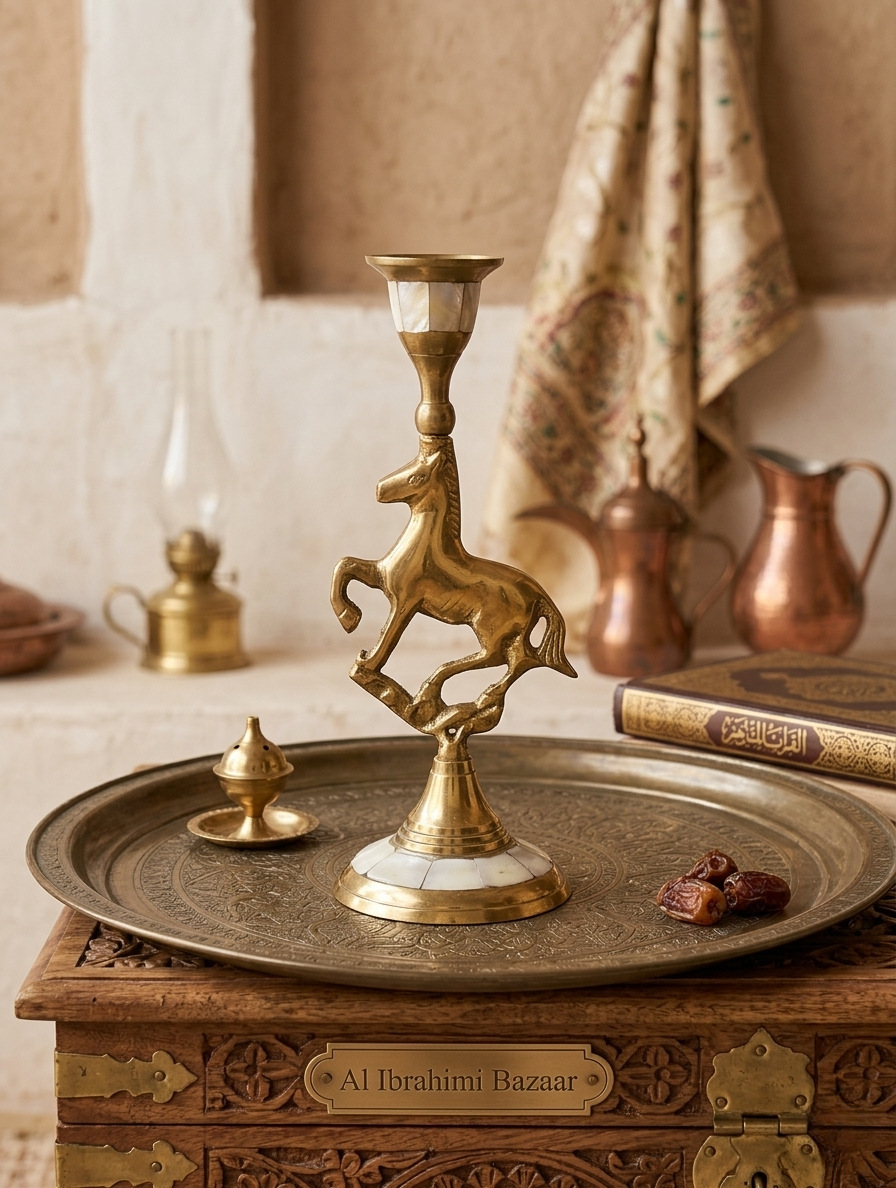 Antique Brass Candleholder with Shell Inlay & Horse Figurine