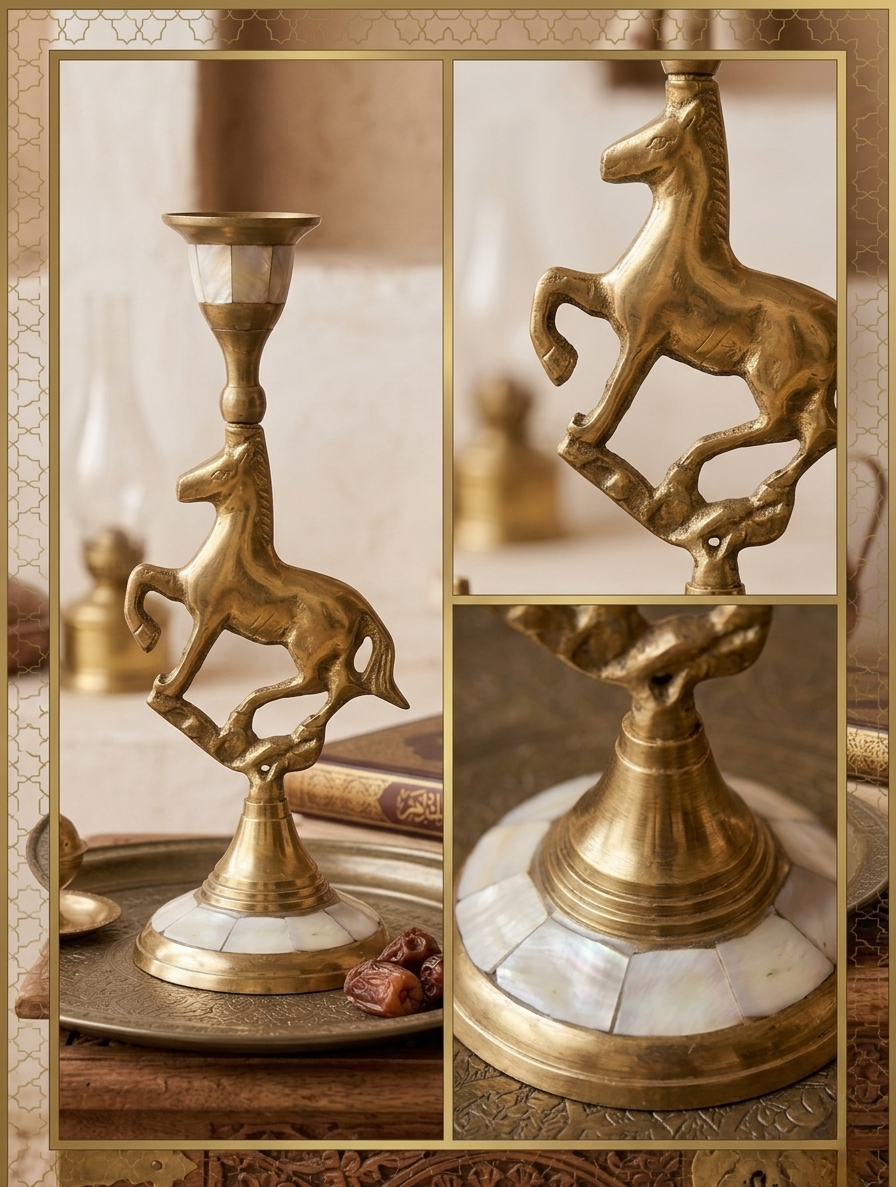 Antique Brass Candleholder with Shell Inlay & Horse Figurine