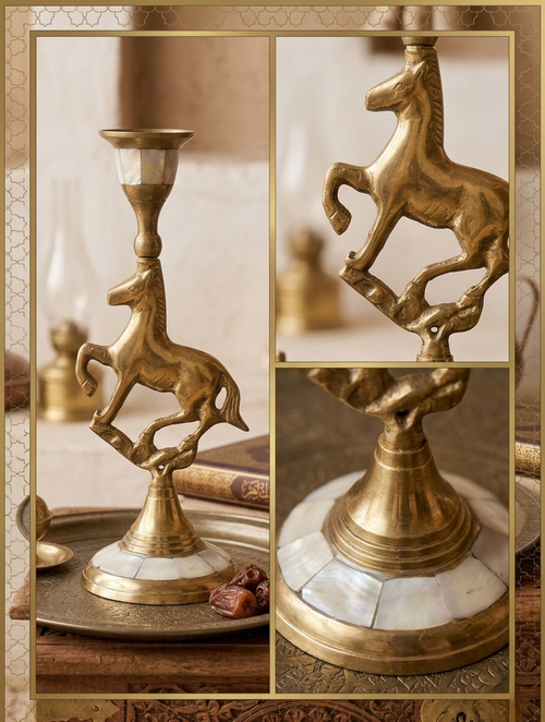 Antique Brass Candleholder with Shell Inlay & Horse Figurine