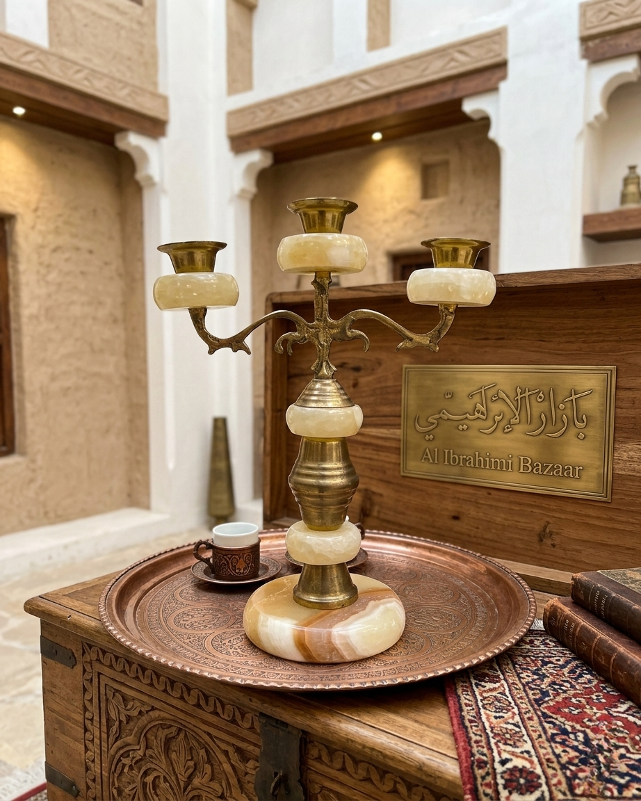 Antique Brass & Onyx Marble Triple Candleholder | Handmade