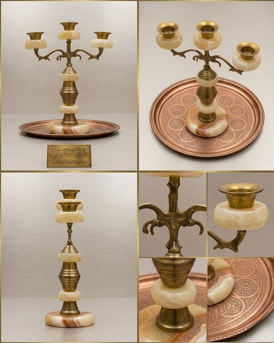 Antique Brass & Onyx Marble Triple Candleholder | Handmade