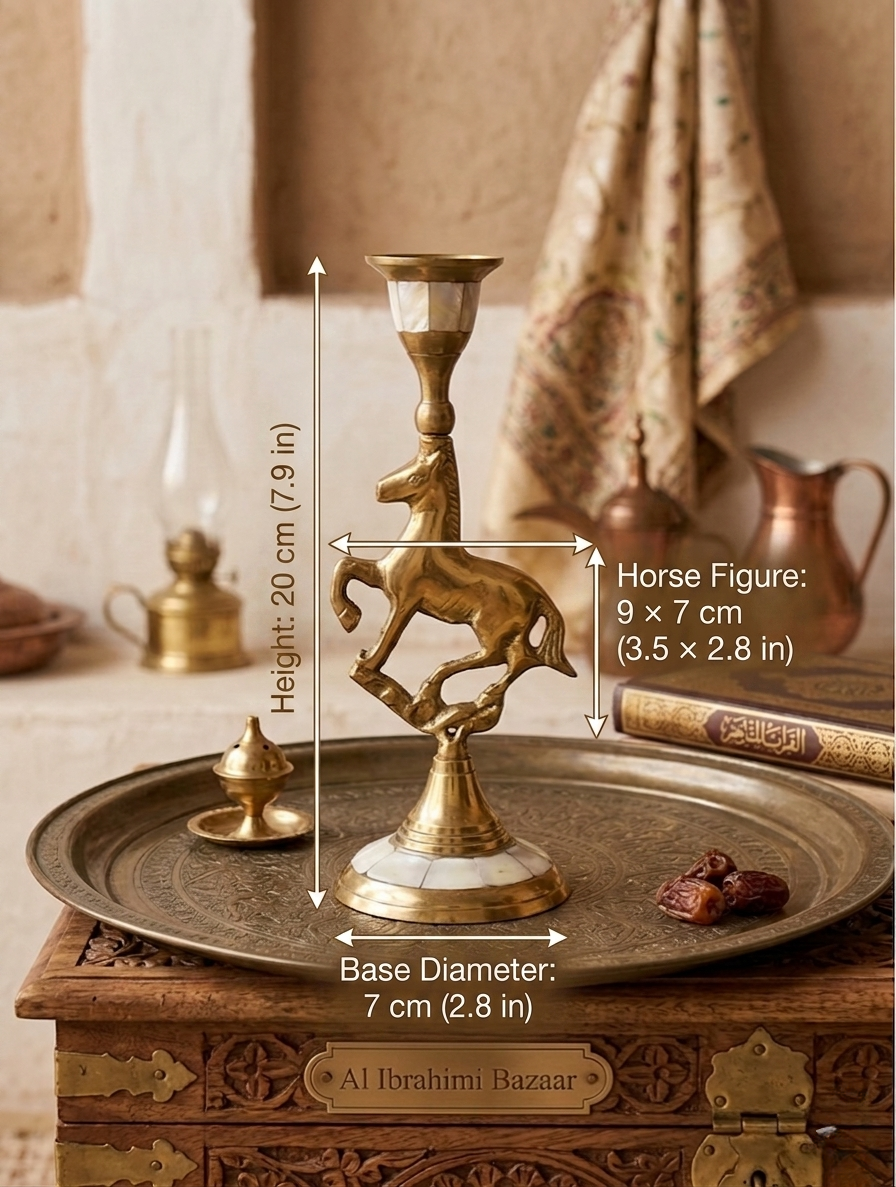 Antique Brass Candleholder with Shell Inlay & Horse Figurine