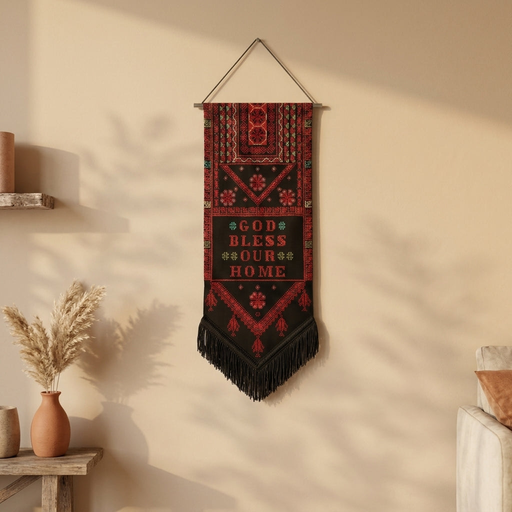 Modern Hand-Embroidered Canvas Wall Art — Black & Red Heritage Blessing Display